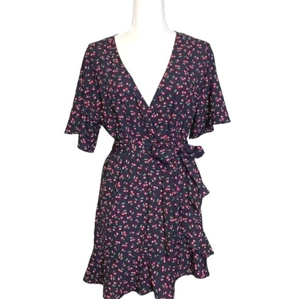 Sugar + Lips Wrap Dress Cherry Print S Mini Ruffle Flutter Sleeve Black Pinup